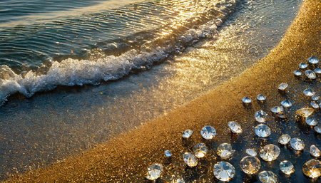 A serene beach at sunset with sparkling crystals diamonds on the sand, as gentle waves wash ashore reflecting the warm golden light, AI generated imageの写真素材