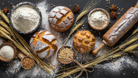 Assortment of baked bread, wheat spikes and flour with spices scattered on a dark surface for a...