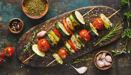Grilled veggie skewers with zucchini, bell peppers, and mushrooms on a wooden plate with spices and herbs, AI generated imageの写真素材