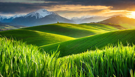 A serene landscape showcasing vibrant green hills with the sun rising behind misty mountains, creating a calming effect with green grass in foreground, AI generated imageの写真素材