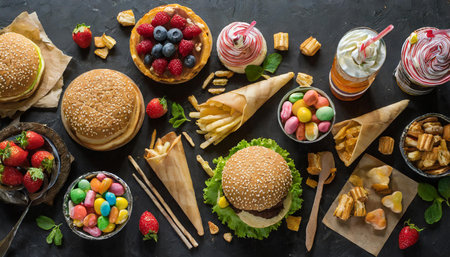 An array of fast food items including burgers and sweets like candies, with a dark backdrop enhancing the vibrant food colors, AI generated imageの写真素材