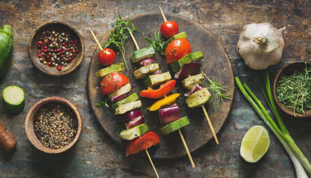 Grilled veggie skewers with zucchini, bell peppers, and mushrooms on a wooden plate with spices and herbs, AI generated imageの写真素材