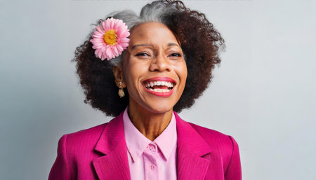 An elderly woman is beaming with joy, sporting vibrant pink hues in her hair and a bright pink blazer, AI generated imageの写真素材