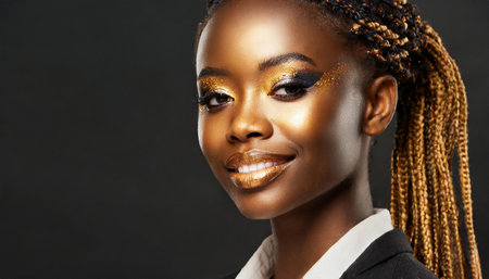 A striking portrait showcasing a woman with gold makeup, glittering lips, and intricately styled braided hair, set against a dramatic dark background.の写真素材