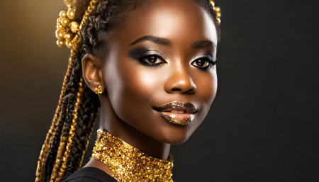 A striking portrait showcasing a woman with gold makeup, glittering lips, and intricately styled braided hair, set against a dramatic dark background.の写真素材