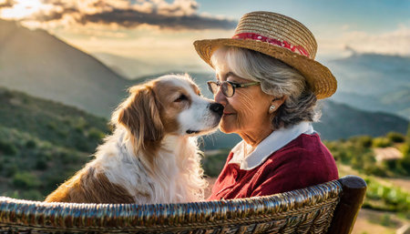 An elderly woman wearing a straw hat sits on a wicker chair while a dog lovingly nuzzles her nose, with a beautiful mountainous landscape in the background at sunset, AI generated imageの写真素材