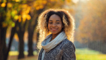 A young woman standing and smiling with a serene background of autumn foliage, showing her long hair and wearing a cozy sweater, exuding warmth and happiness. AI generated imageの写真素材