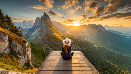 A woman wearing a hat is seated on a wooden deck, gazing at a rugged mountain landscape during...