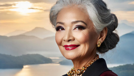 An elegant elderly woman with gray hair and makeup, wearing formal attire and ornate earrings...