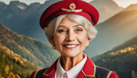 An elderly woman wearing a red hat and uniform smiles warmly while standing in front of a stunning...
