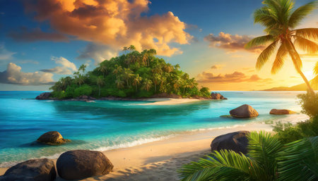 A serene tropical island covered with lush greenery, surrounded by stunning turquoise waters, and...