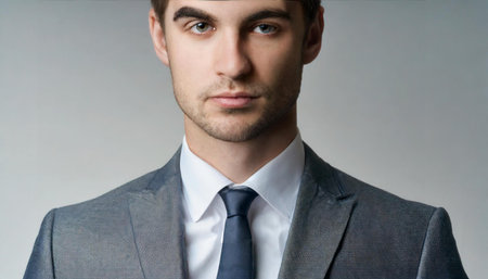 Young man dressed in a gray business suit with a white shirt and a navy blue tie, exuding confidence...