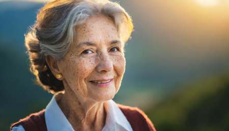 Cheerful elderly woman with greying hair, wearing a brown sweater over a white shirt, happily...