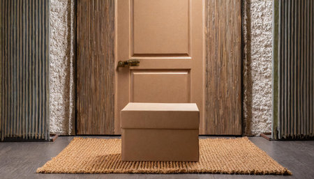 A brown cardboard package box is placed on a woven doormat at the entrance of a wooden door, ready...
