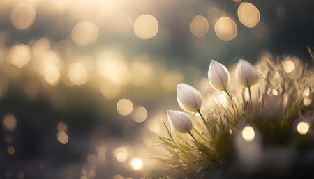 Beautiful close-up of fluffy white flowers with a dreamy bokeh effect and soft lighting, creating an...