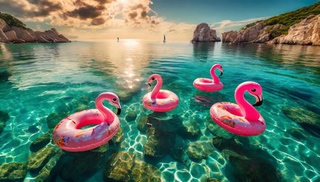 Bright pink inflatable flamingo floaties drift in pristine, transparent waters near a sandy beach,...