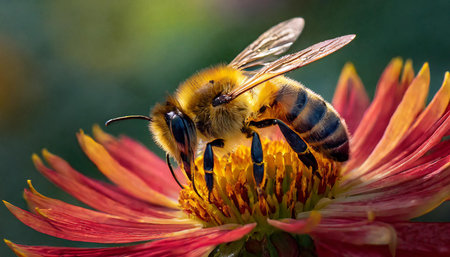 Macro shot capturing a honeybee collecting nectar on a vibrant red flower with intricate details and natural backlighting, AI generated imageの写真素材