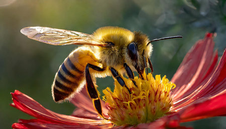 Macro shot capturing a honeybee collecting nectar on a vibrant red flower with intricate details and...