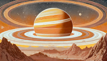 A breathtaking illustration of Saturn surrounded by its iconic rings with a backdrop of stars and...