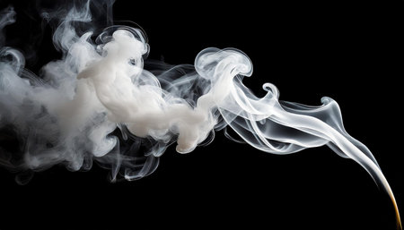 A mesmerizing image of white smoke curling and swirling gracefully against a dark black background,...