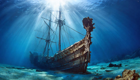 Ancient wooden shipwreck submerged underwater with sunlight streaming down, creating an ethereal and mysterious atmosphere, showcasing the beauty of the ocean depths and marine history.の写真素材
