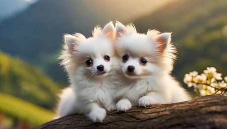 Two adorable fluffy white puppies sitting side by side on a log against a beautiful nature background, evoking feelings of warmth and companionship.の写真素材
