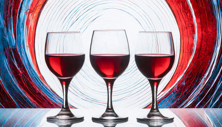 Three glasses filled with red wine placed in a side-by-side arrangement on a clean, white...