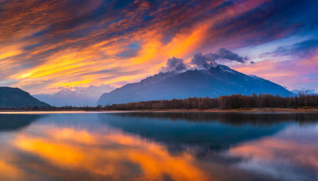 A stunning sunset paints the sky with vibrant colors over a mountain range, with the serene lake below perfectly reflecting the breathtaking scene. A moment of natural beauty.の写真素材