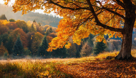 This image captures a stunning autumn tree with vibrant foliage, nestled in a serene forest...