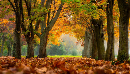 A tranquil autumn scene featuring a tree-lined pathway, vibrant in fall colors, blanketed by fallen...