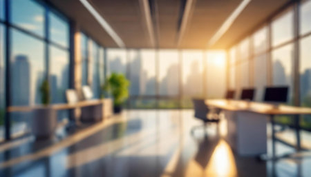 Blured background of modern, sleek office space with glass walls, reflecting the sunset as the backdrop. The office is bathed in natural light, offering a serene workspace.の写真素材