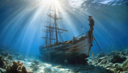 Ancient wooden shipwreck submerged underwater with sunlight streaming down, creating an ethereal and mysterious atmosphere, showcasing the beauty of the ocean depths and marine history.の写真素材