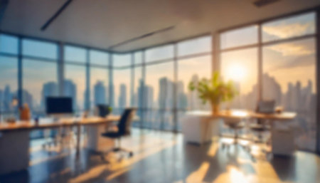 Blured background of modern, sleek office space with glass walls, reflecting the sunset as the backdrop. The office is bathed in natural light, offering a serene workspace.の写真素材