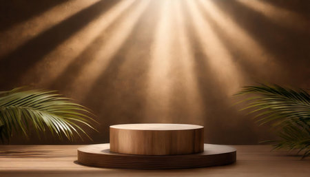 Brown background for product presentation with podium to showcase product illuminated by multiple beams of light, creating a dramatic spotlight effect in a darkened space, evoking a sense of expectation and grandeur.の写真素材