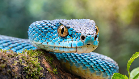 Close-up of a vibrant blue viper snake, showing its striking scales and intense yellow eyes as it...