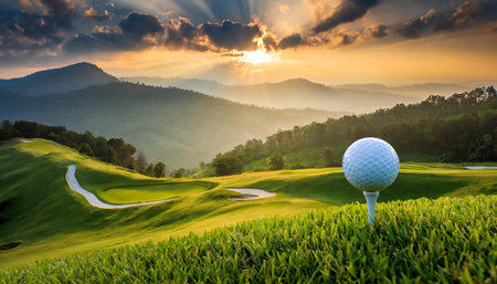 A serene golf course landscape featuring a golf ball on a tee, with lush green fairways, sand bunkers, and rolling hills under a breathtaking sunset with dramatic clouds.の写真素材