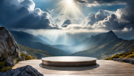 A round, white pedestal sits on a wooden stage beneath dramatic rays of light streaming through a cloudy sky, giving a heavenly and majestic appearance to the scene.の写真素材