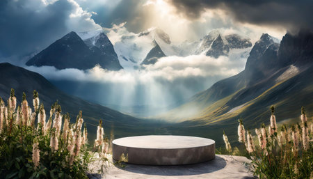 A round, white pedestal sits on a wooden stage beneath dramatic rays of light streaming through a cloudy sky, giving a heavenly and majestic appearance to the scene.の写真素材