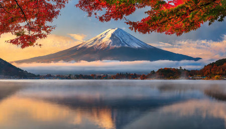 A breathtaking view of Mount Fuji during sunrise, surrounded by vivid autumn foliage, reflecting...