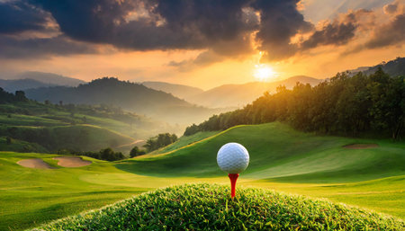 A serene golf course landscape featuring a golf ball on a tee, with lush green fairways, sand bunkers, and rolling hills under a breathtaking sunset with dramatic clouds.の写真素材