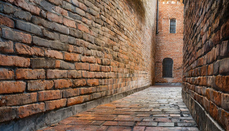 A narrow medieval street lined with brick walls, lit with warm sunlight reflecting on the cobblestones, evoking a sense of history, mystery, and tranquility.の写真素材