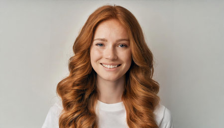 A young woman with long, wavy red hair wearing a white shirt, smiling gently against a plain white...