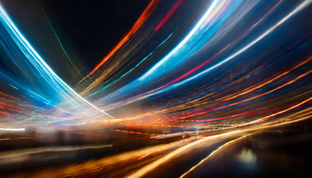 Long exposure light trails over a bridge in a city at night, capturing the vibrant movement of lights and the serene backdrop of the surrounding landscape.の写真素材