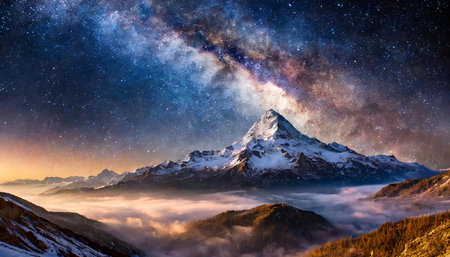 A stunning image showcasing the Milky Way galaxy stretching across the night sky, with a rugged mountain landscape and a layer of low-lying clouds illuminated by moonlight.の写真素材