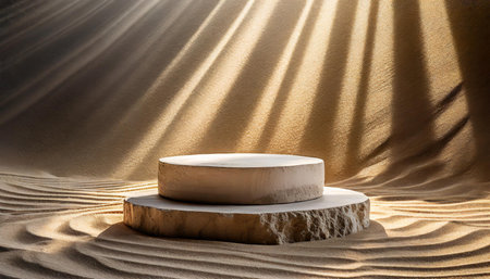 A sunlit wooden pedestal rests calmly in a serene sandy landscape, with light beams shining down, creating an ethereal and peaceful atmosphere.の写真素材