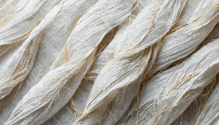 Numerous intricately woven white and gold fabric strands, emphasizing texture and detailed craftsmanship arranged in an artistic pattern.の写真素材