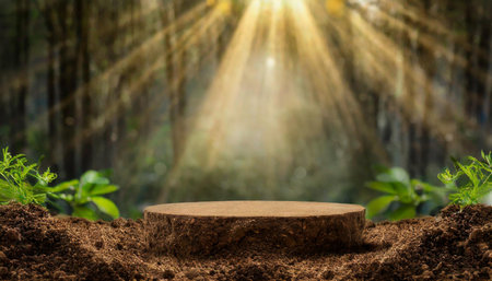 Serene forest scene with sunlight beams illuminating a circular patch of soil, surrounded by vivid green foliage, signifying natural beauty and tranquility.の写真素材