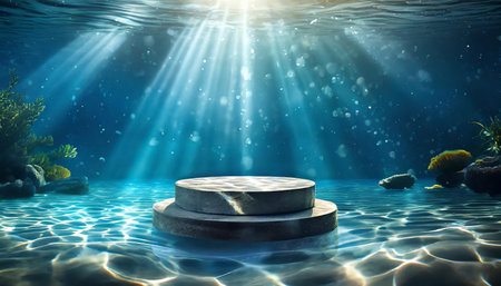 An underwater scene featuring a pedestal with beams of sunlight filtering through the water, creating a serene and mystical atmosphere in the aquatic environment.の写真素材