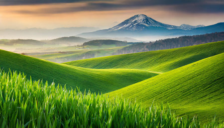 A serene landscape showcasing vibrant green hills with the sun rising behind misty mountains, creating a calming effect with green grass in foreground, AI generated imageの写真素材