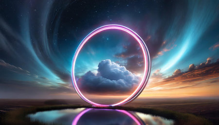 A dreamlike image featuring a luminous neon circle framing a cloud formation, reflected over a...